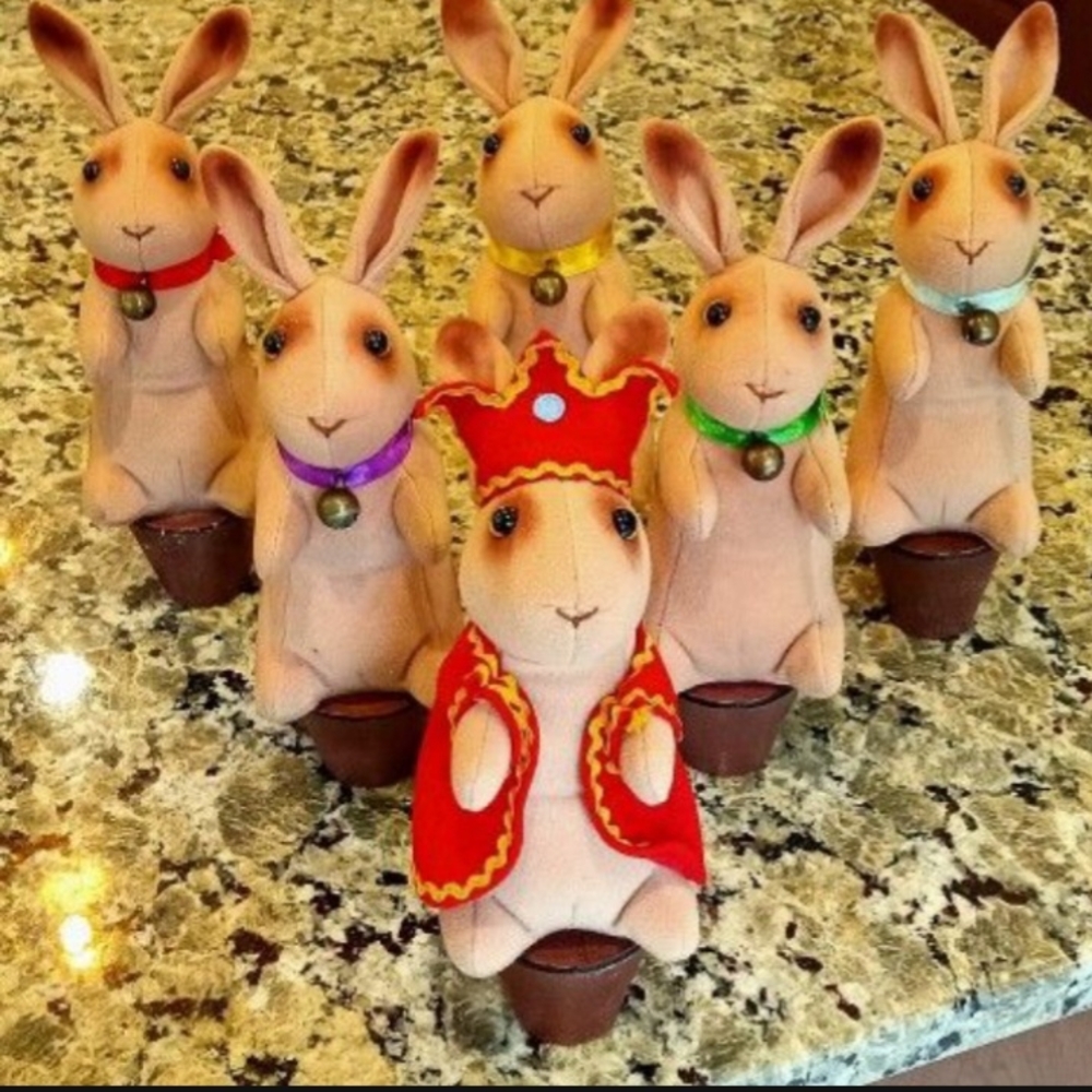 Plush Bunny Figurine with Colorful Collar and Bell - Assorted Collar Colors